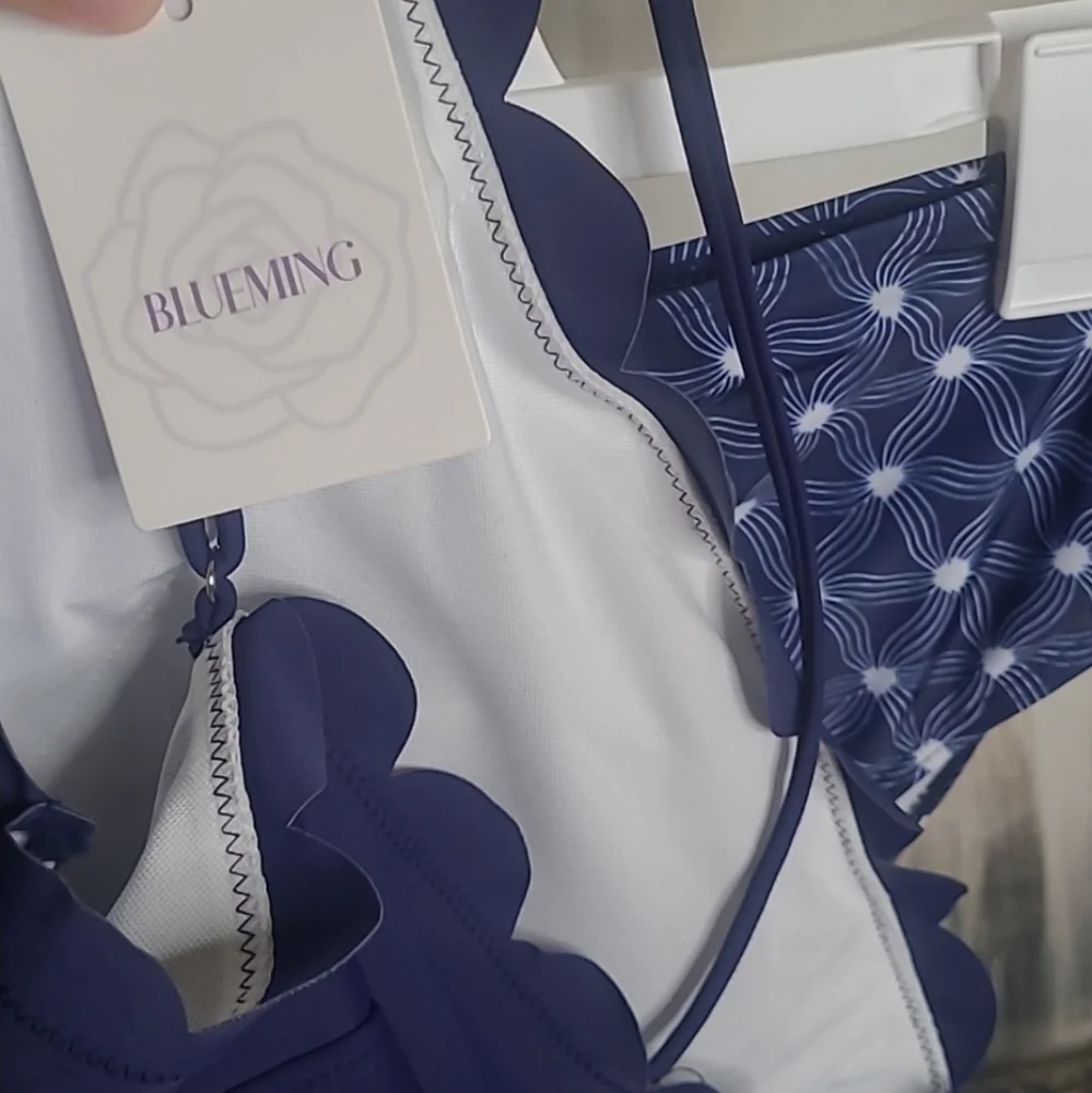 New with tags! Blueming XL Navy Scalloped One Shoulder Two Piece Bikini Swimsuit